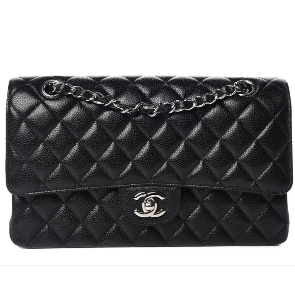 Chanel Black Caviar Medium Classic Duble Flap Bag Silver Chain - Picture 1 of 9